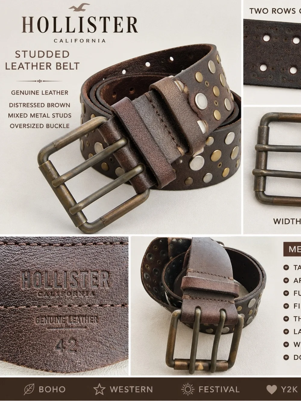 Vintage Hollister Studded Leather Belt Brown Wide Double Hole XS/S